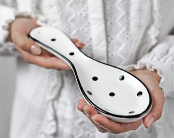 Ceramic Spoon Rest, Spoon Holder, Kitchen Cooking Utensil Rest, White with Black Polka Dot, Handmade Stoneware Pottery, Housewarming Gift