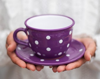 Purple Large Teacup | LARGE Cup and Saucer, Handmade White Polka Dot Country Style Stoneware Pottery, Christmas Gift for Coffee, Tea Lovers