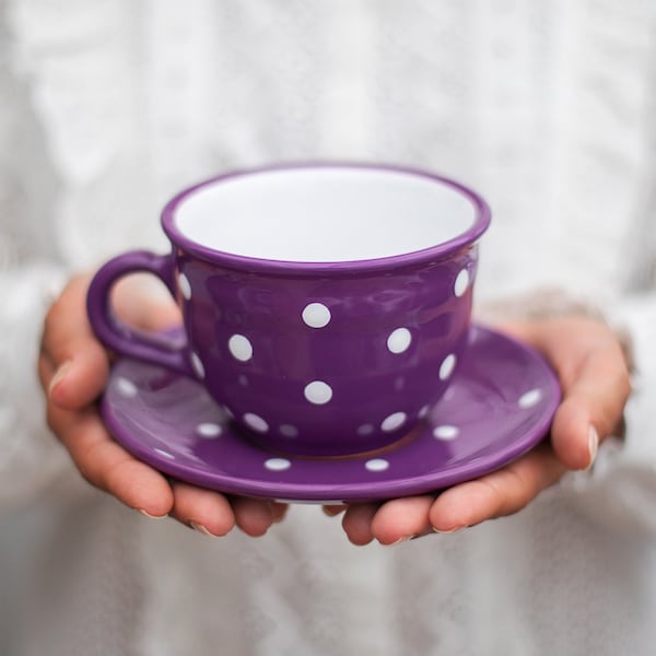 Purple Large Teacup | LARGE Cup and Saucer, Handmade White Polka Dot Country Style Stoneware Pottery, Christmas Gift for Coffee, Tea Lovers