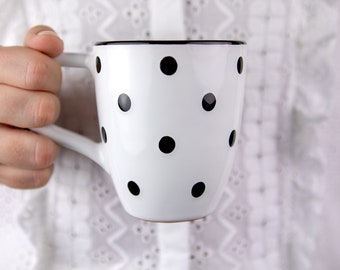 Cute Mug | Ceramic Coffee Mug, White & Black Polka Dot Stoneware Coffee Mug, Handmade Pottery, Unique Coffee Mug, Tea Lovers, Christmas Gift