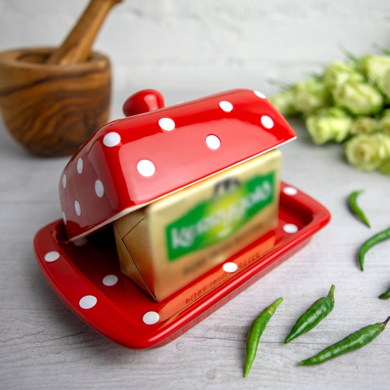 Red Covered Butter Dish with Lid, Ceramic Butter Keeper, European Style White Polka Dot, Stoneware Handmade Pottery, Housewarming Gift image 5