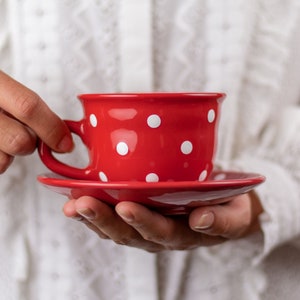 Red Ceramic Tea Cup | Teacup and Saucer, Handmade White Polka Dot Farmhouse Style Stoneware Pottery, for Coffee Tea Lovers, Christmas Gift