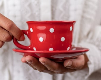 Red Ceramic Tea Cup | Teacup and Saucer, Handmade White Polka Dot Farmhouse Style Stoneware Pottery, for Coffee Tea Lovers, Christmas Gift