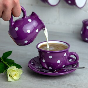 Purple Ceramic Tea Set, Teapot Set, LARGE Teapot, Milk Jug, Sugar Bowl Set, Handmade Stoneware Pottery with White Polka Dot image 7