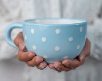 Handmade Stoneware Coffee Mug | Sky Blue Polka Dot Extra Large