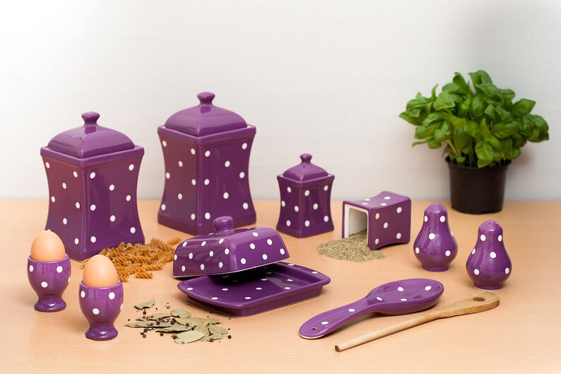Country Cottage Style Handmade Pottery Purple and White Polka dot Pots Salt and Pepper Shakers Housewarming Gift Ceramic Cruet Set