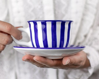 Navy Ceramic Tea Cup | Teacup and Saucer, Handmade Blue Stripe Cottage Style Stoneware Pottery, for Coffee Tea Lovers, Christmas Gift