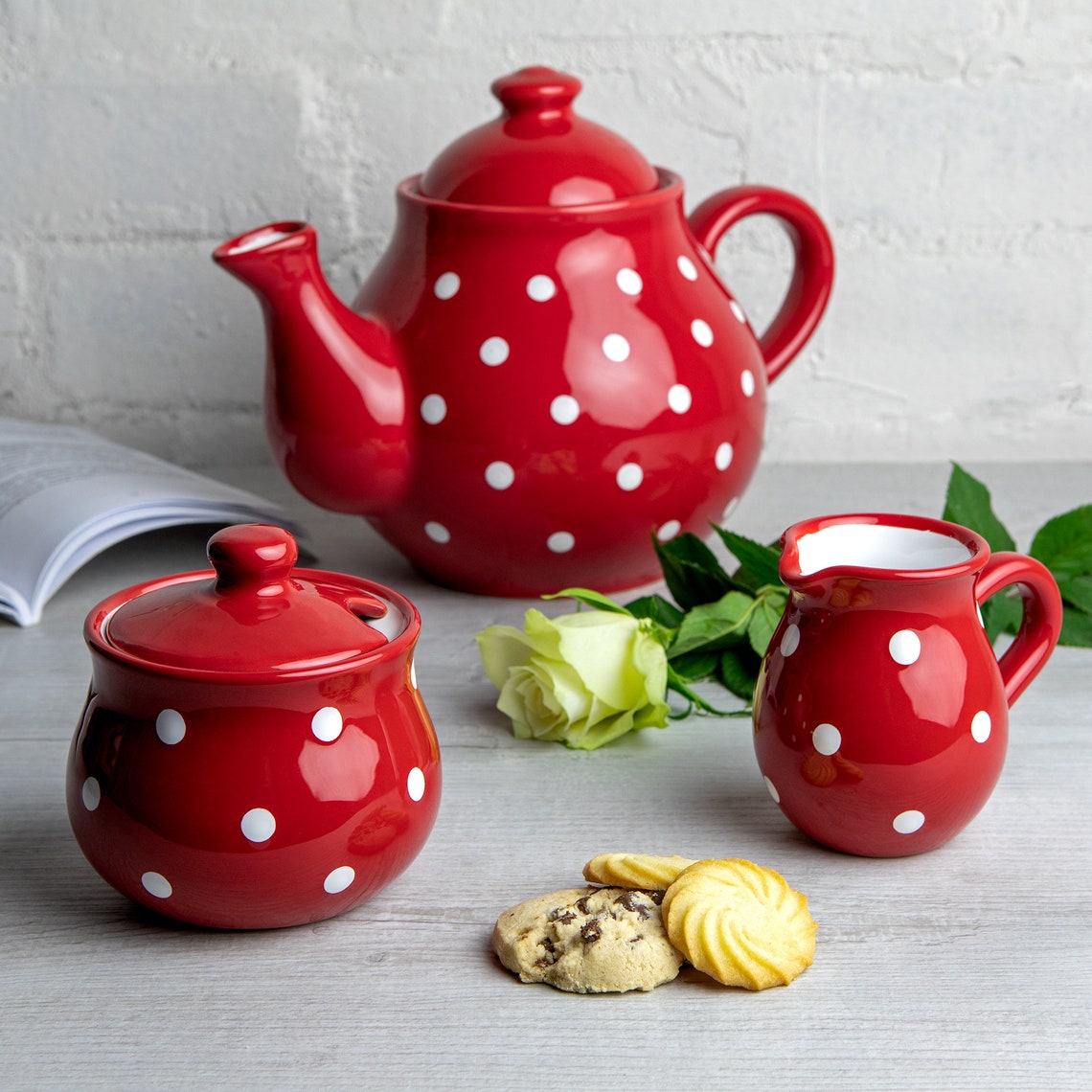Red Ceramic Tea Set Teapot Set LARGE Teapot Milk Jug Sugar Etsy