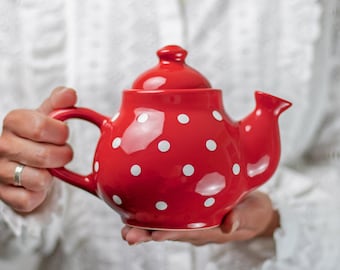 Red Ceramic Teapot, Handmade Pottery Tea Pot, for 1-2 CUP with White Polka Dot, Unique Stoneware, Housewarming Gift for Tea Lovers