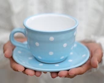 Sky Blue Large Teacup | LARGE Cup and Saucer, Handmade White Polka Dot Country Style Stoneware Pottery, Christmas Gift for Coffee Tea Lovers