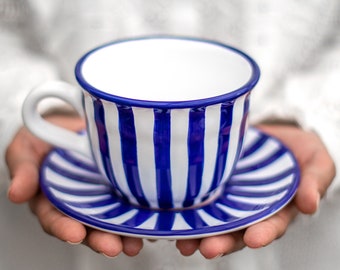 Navy Large Teacup | LARGE Cup and Saucer, Handmade Blue Stripe Country Style Stoneware Pottery, Christmas Gift for Coffee, Tea Lovers