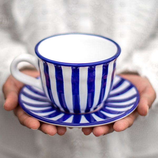 Navy Large Teacup | LARGE Cup and Saucer, Handmade Blue Stripe Country Style Stoneware Pottery, Christmas Gift for Coffee, Tea Lovers