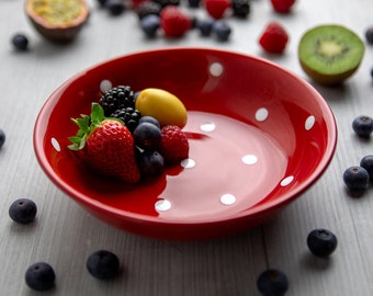 Soup Bowl | Fruit Bowl | Ramen Bowl, Ceramic Handmade Red and White Polka Dot Stoneware Pottery Cereal Bowl, Christmas Gift