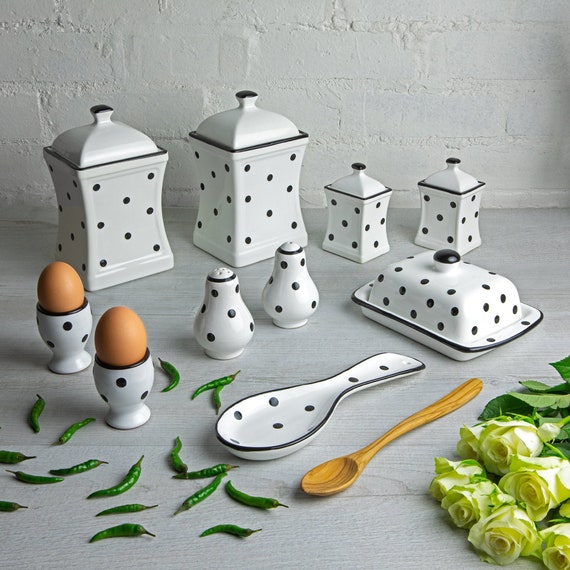 Handgefertigtes Keramik-Küchen Set | Black Polka Dot Decor, Set von 10 Stück