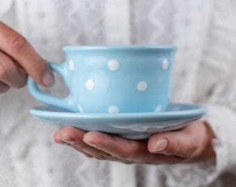 Blue Ceramic Tea Cup | Teacup and Saucer, Handmade White Polka Dot Country Style Stoneware Pottery, for Coffee Tea Lovers, Christmas Gift