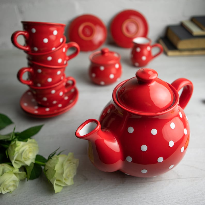 Red Ceramic Tea Set Teapot SET for FOUR Large Teapot Milk Etsy