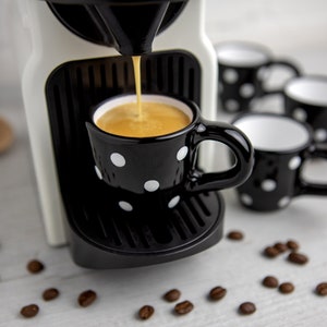Black Ceramic Espresso Cup Set of Four | Espresso Cups White Polka Dot, Handmade Stoneware Pottery for Coffee Lovers, Christmas Gift