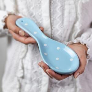 Ceramic Spoon Rest, Spoon Holder, Kitchen Cooking Utensil Rest, Sky Blue with White Polka Dot, Handmade Stoneware Pottery, Housewarming Gift