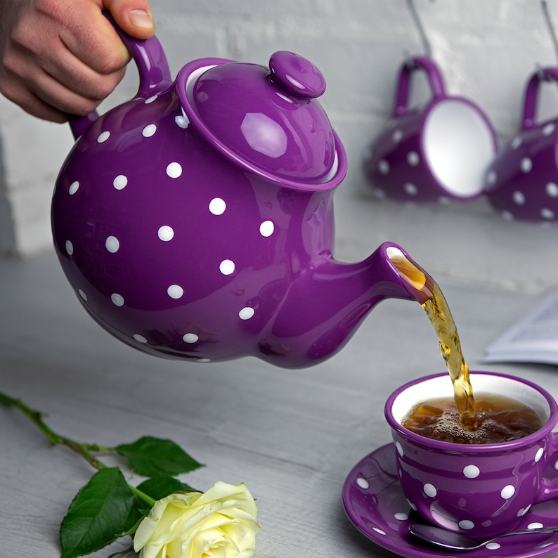 Purple Ceramic Tea Set, Teapot Set, LARGE Teapot, Milk Jug, Sugar Bowl Set, Handmade Stoneware Pottery with White Polka Dot image 4