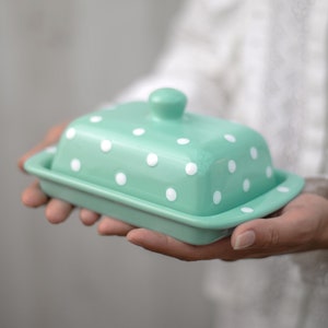 Teal Covered Butter Dish with Lid, Ceramic Butter Keeper, European Style White Polka Dot, Stoneware Handmade Pottery, Housewarming Gift