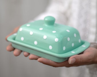 Teal Covered Butter Dish with Lid, Ceramic Butter Keeper, European Style White Polka Dot, Stoneware Handmade Pottery, Housewarming Gift