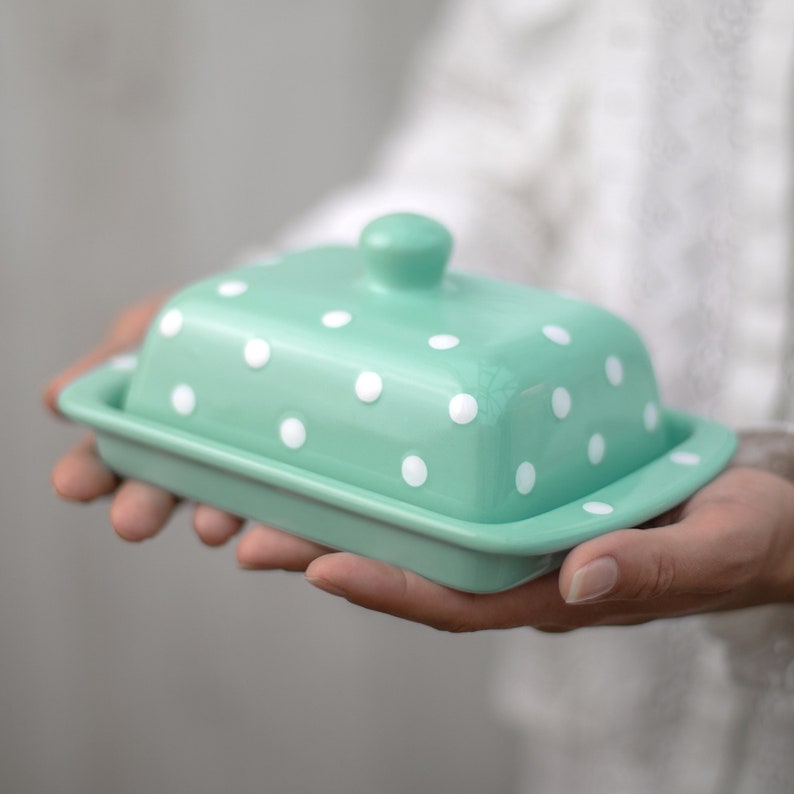 Teal Covered Butter Dish with Lid, Ceramic Butter Keeper, European Style White Polka Dot, Stoneware Handmade Pottery, Housewarming Gift image 1