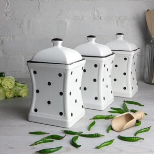 White and Black Canister Set | Kitchen Cookie Jar, Decorative Ceramic Handmade Polka Dot Pottery Tea Coffee Sugar Canister Set