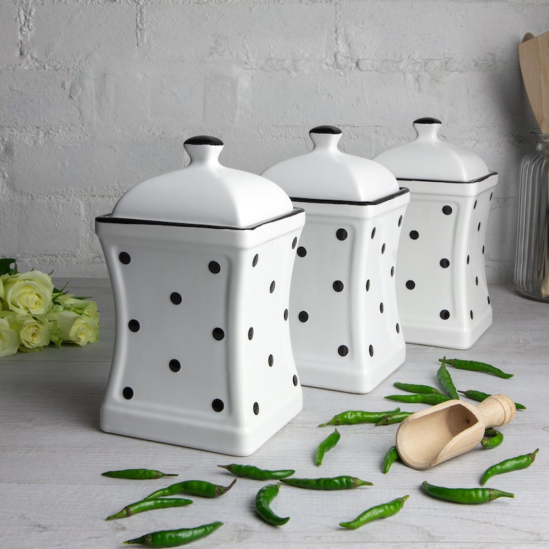 White and Black Canister Set Kitchen Cookie Jar Decorative Etsy