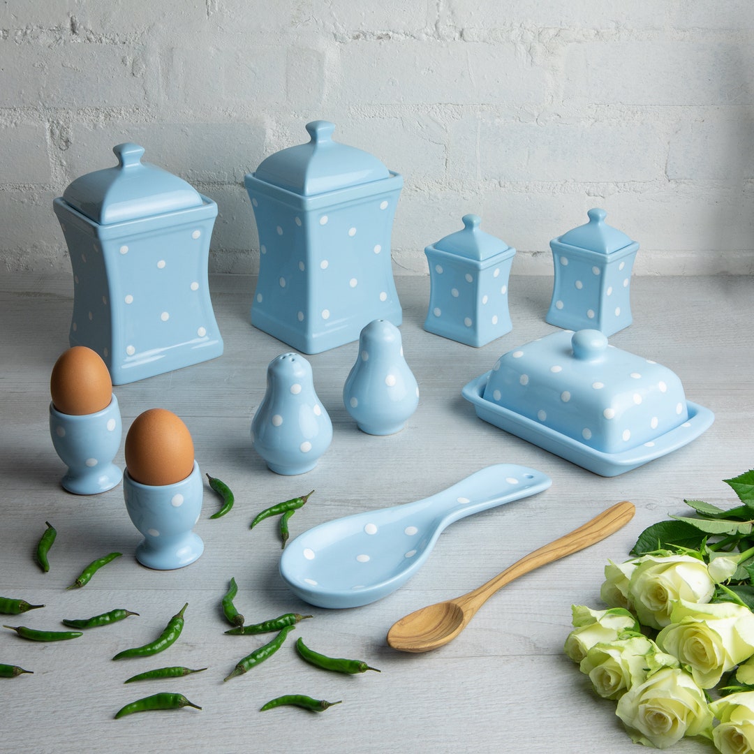 Handmade Ceramic Kitchen Set | Blue White Polka Dot, 10-piece - Etsy