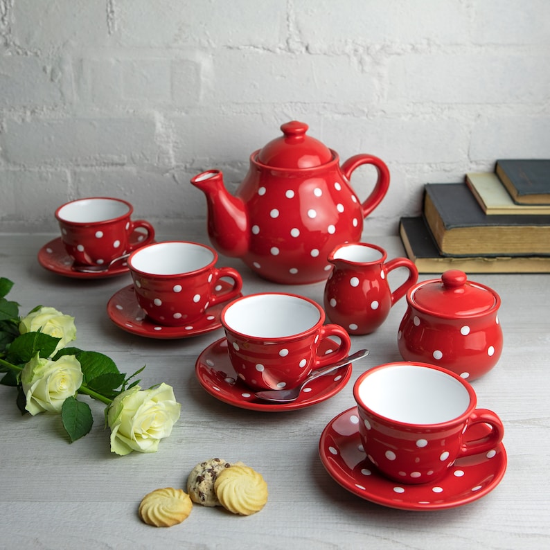 Red Ceramic Tea Set Teapot SET for FOUR Large Teapot Milk Etsy