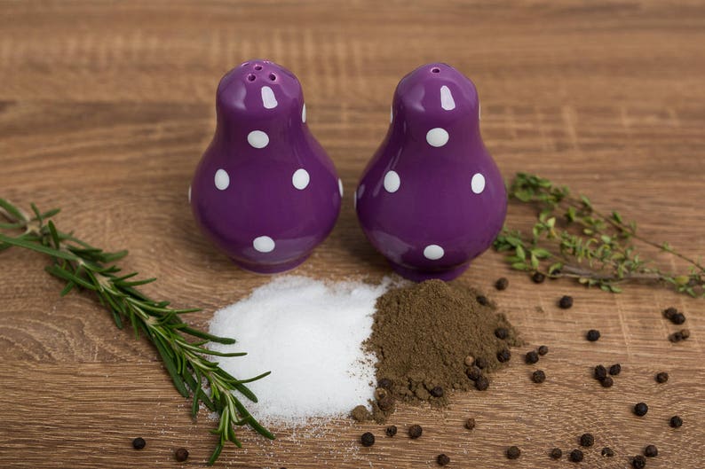 Country Cottage Style Handmade Pottery Purple and White Polka dot Pots Salt and Pepper Shakers Housewarming Gift Ceramic Cruet Set