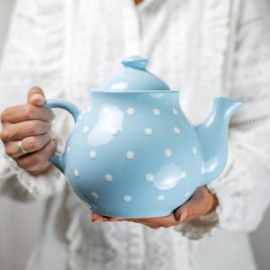 Blue Ceramic Teapot, Handmade Pottery Tea Pot, Extra Large with White Polka Dot, Unique Stoneware, Housewarming Gift for Tea Lovers