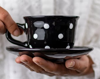 Black Ceramic Tea Cup | Teacup and Saucer, Handmade White Polka Dot Farmhouse Style Stoneware Pottery, for Coffee Tea Lovers, Christmas Gift