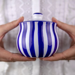 Ceramic Sugar Bowl with Lid, 10oz Sugar Contanier for Coffee Bar, Salt - Condiment Pot for Kitchen Counter, Blue Stripe Coastal Sugar Jar