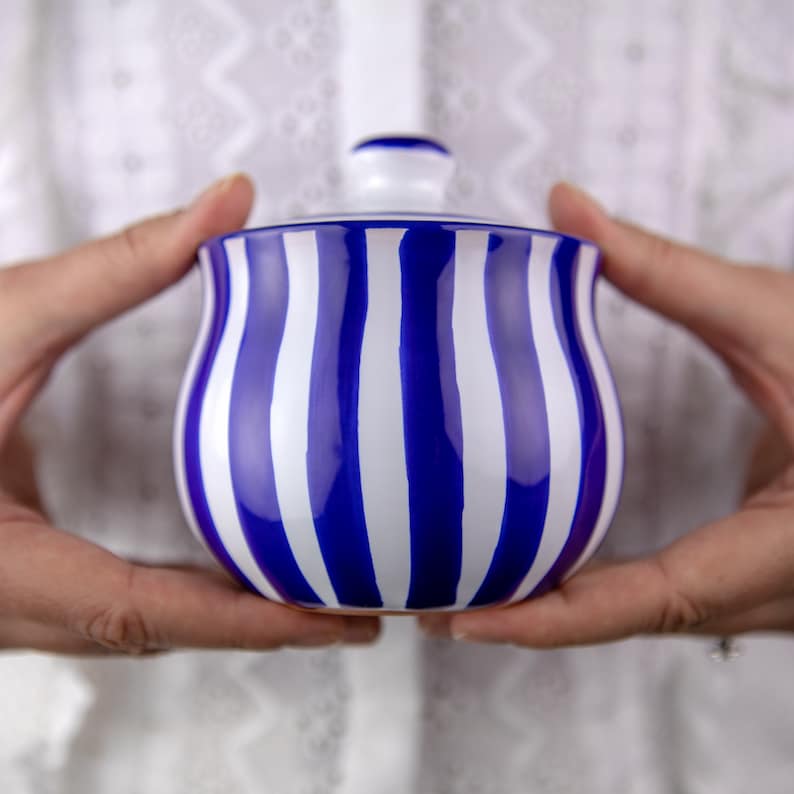 Navy Stripe Honey Pot Sugar Bowl With Lid Handmade Ceramic Etsy