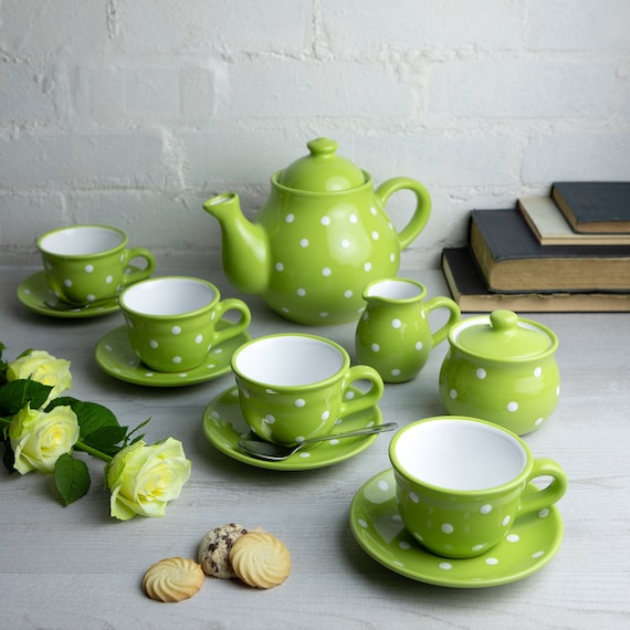 Green Ceramic Tea Set, Teapot SET for FOUR, Large Teapot, Milk Jug