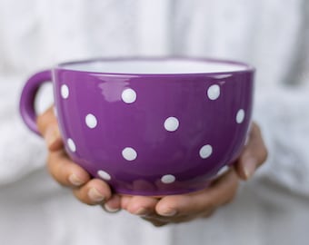 Large Coffee Mug | Pottery Soup Mug | Stoneware Coffee Mug, Purple and White Polka Dot, EXTRA LARGE Mug, Handmade Ceramic Cute Mug