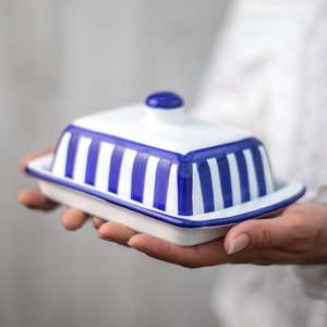 Navy Stripe Butter Dish with Lid, Ceramic Butter Keeper, European Style Blue, Covered Stoneware Handmade Pottery, Housewarming Gift