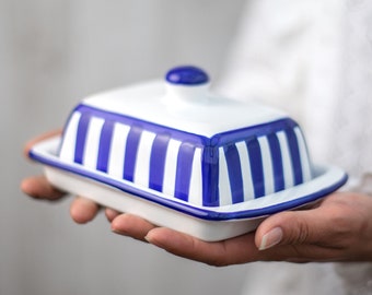 Navy Stripe Butter Dish with Lid, Ceramic Butter Keeper, European Style Blue, Covered Stoneware Handmade Pottery, Housewarming Gift