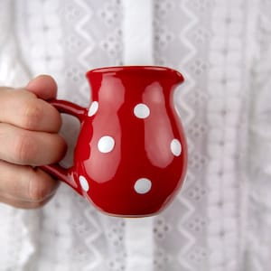 Può includere: Un'anfora di ceramica rossa con pois bianchi. L'anfora ha un manico e un corpo arrotondato.