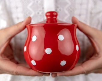 Red Honey Pot | Sugar Bowl with Lid, Handmade Ceramic, Pottery Jam Jar with White Polka Dot, Housewarming Gift,