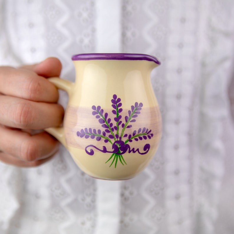 Ceramic Milk Jug, Creamer, Gravy Jug, Purple Lavender Floral, Handmade Pottery, Stoneware Small Pitcher Jug, Tea, Coffee Lovers Gift, image 1