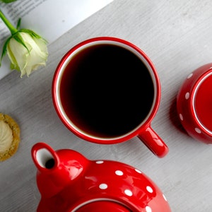 Large Coffee Mug Pottery Soup Mug Stoneware Coffee Mug, Red and White Polka Dot, EXTRA LARGE Mug, Handmade Ceramic Cute Mug image 4