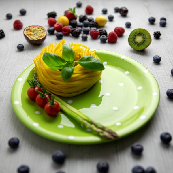 Ceramic Dinner Plate | Decorative Plate | Hand Thrown Stoneware, 10 Inch Lime Green and White Polka Dot Pottery Plate, Housewarming Gift