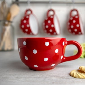 Large Coffee Mug Pottery Soup Mug Stoneware Coffee Mug, Red and White Polka Dot, EXTRA LARGE Mug, Handmade Ceramic Cute Mug image 3