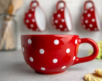 Taza de café grande / taza de sopa de cerámica / taza de café de gres,  lunares rojos y blancos, taza EXTRA GRANDE, taza linda de cerámica hecha a  mano -  México