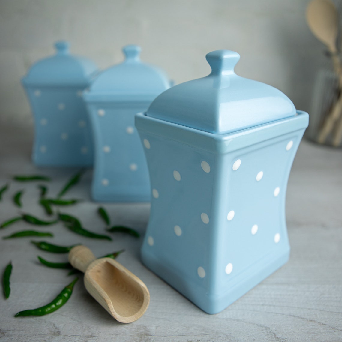 Light Sky Blue and White Canister Set Kitchen Cookie Jar Etsy