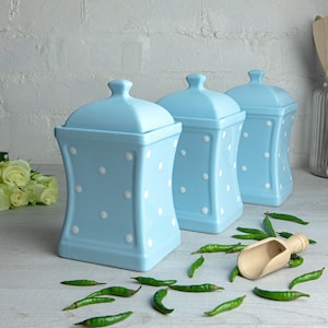 Light Sky Blue and White Canister Set | Kitchen Cookie Jar, Decorative Ceramic Handmade Polka Dot Pottery Tea Coffee Sugar Canister Set