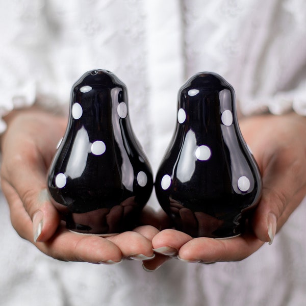 Salt and Pepper Shakers, Ceramic Cruet Set, Handmade Pottery, Black and White Polka dot Pots, Country Cottage Style, Housewarming Gift
