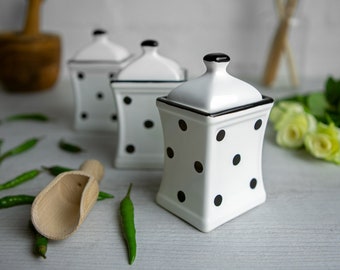 White and Black Small Spice Jars | Kitchen Canisters | Storage Jars, Unique Handmade Pottery, Ceramic Polka Dot Canister Set, Christmas Gift